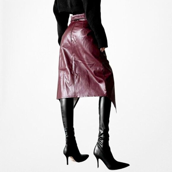 Missguided Burgundy Red Faux Leather Belted Knee Length A-Line Skirt Size 0/XS - Picture 2 of 8
